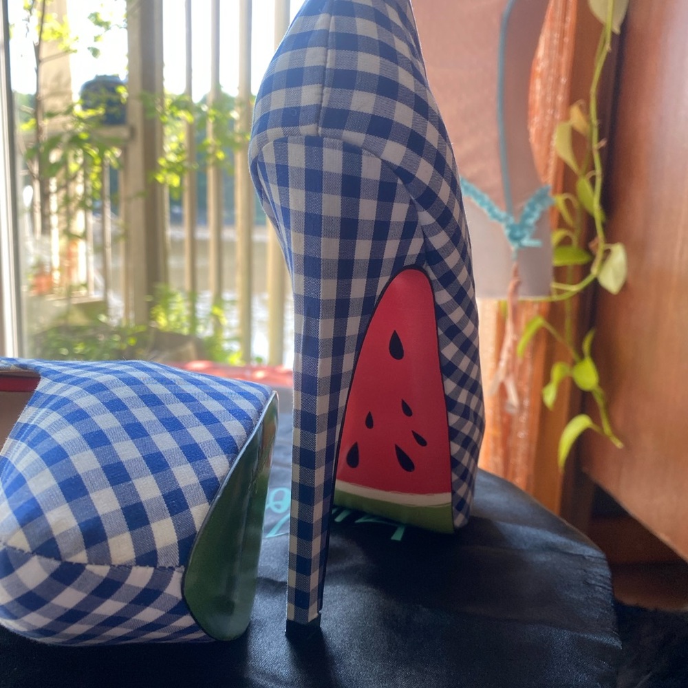 NWOT RETIRED Taylor Says Gingham Watermelon Sole Painted Stacked Sexy Hot OOAK
